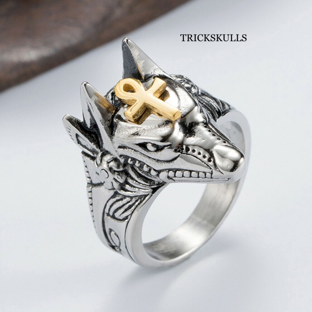 Silver Stainless Tactical Egyptian Ankh Anubis Wolf Jackal God Spikes Ring New! - Picture 4 of 10